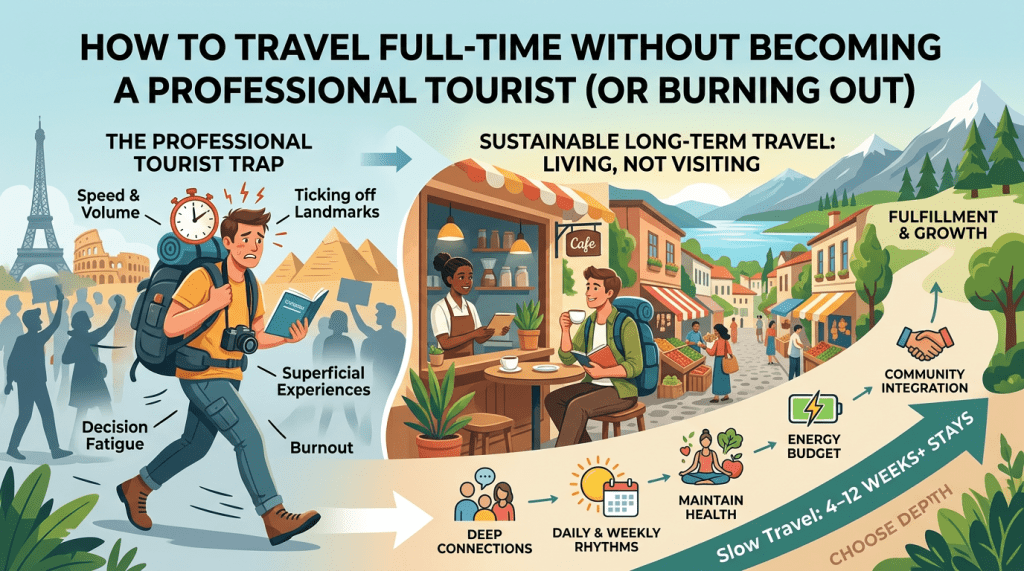 An infographic titled "How to Travel Full-Time Without Becoming a Professional Tourist (or Burning Out)" depicting a process for sustainable long-term travel. The image shows a traveler overwhelmed by the professional tourist trap, characterized by speed, volume, ticking off landmarks, superficial experiences, decision fatigue, and burnout. An arrow points to a calmer scene of a traveler enjoying slow, sustainable travel, such as staying in one place for 4-12 weeks or more, engaging in deep connections, maintaining health, managing energy budget, and community integration, with a scenic mountain and village backdrop.