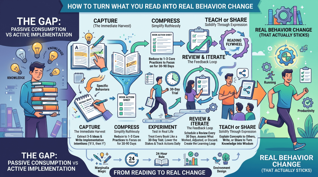 Illustrated infographic titled “How to Turn What You Read into Real Behavior Change.” On the left, a person holds a stack of books under the heading “The Gap: Passive Consumption vs Active Implementation,” surrounded by lightbulb icons. The center shows a step-by-step process: “Capture (the immediate harvest)” with notes and highlights; “Compress (simplify ruthlessly)” into 1–3 core practices for 30–90 days; “Experiment (test in real life)” with a 30-day trial; “Review & Iterate (the feedback loop)” with regular check-ins; and “Teach or Share (solidify through expression)” with a reading flywheel diagram. Visuals include notebooks, checklists, arrows, and people walking through steps. On the right, a person runs under “Real Behavior Change (that actually sticks)” with icons for productivity and progress. Bottom text reads “From Reading to Real Change,” with small icons for marginalia, a 24-hour rule, and environment design.
