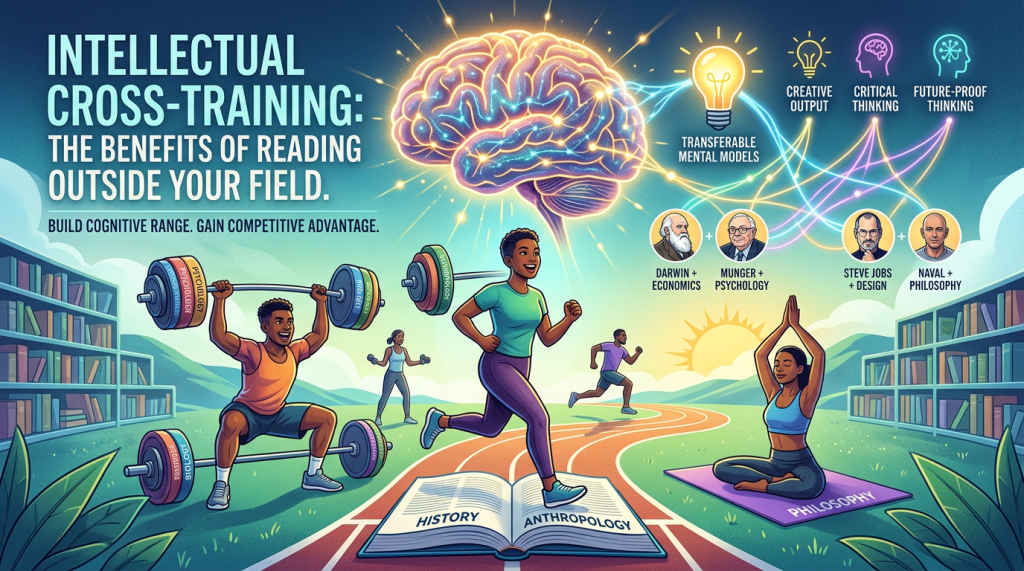 Colorful illustration titled “Intellectual Cross-Training: The Benefits of Reading Outside Your Field.” A glowing brain connects to icons for creative output, critical thinking, and future-proof thinking. In a park-like setting with bookshelves, diverse people exercise—lifting weights, running on a track, and doing yoga—symbolizing mental fitness. An open book on the track reads “History” and “Anthropology,” and small portraits reference figures like Darwin, Munger, Steve Jobs, and Naval, linked to different disciplines. Text emphasizes building cognitive range and gaining a competitive advantage.
