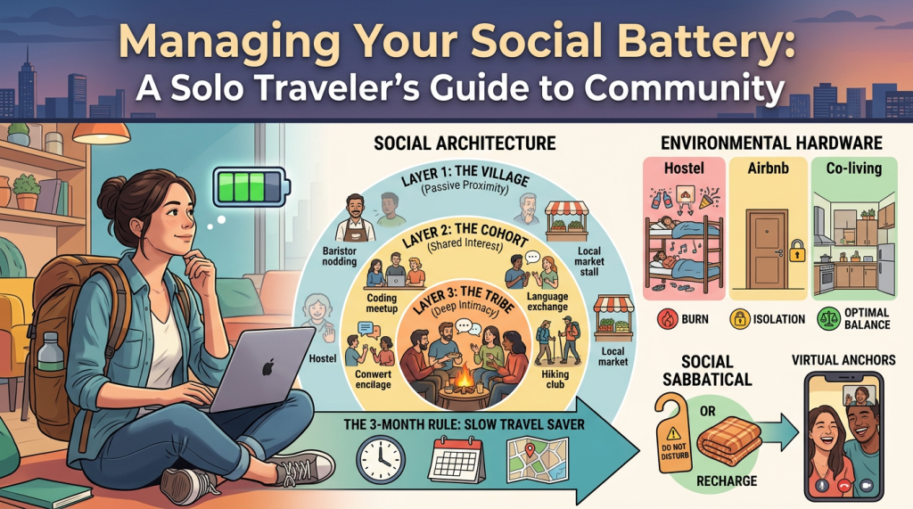 An infographic titled "Managing Your Social Battery: A Solo Traveler’s Guide to Community." 

On the left, a woman sits on the floor with a large backpack and laptop, with a green "social battery" icon floating above her head. 

The center features a circular "Social Architecture" diagram with three layers:
*   **Layer 1: The Village (Passive Proximity):** Casual interactions like a nodding barista or a local market.
*   **Layer 2: The Cohort (Shared Interest):** Groups like coding meetups, language exchanges, or hiking clubs.
*   **Layer 3: The Tribe (Deep Intimacy):** A close-knit group sitting around a campfire.

The top right, "Environmental Hardware," compares accommodation types:
*   **Hostel:** Labeled "BURN" with an icon of fire, showing a crowded bunk room.
*   **Airbnb:** Labeled "ISOLATION" with a lock icon, showing a closed door.
*   **Co-living:** Labeled "OPTIMAL BALANCE" with a scale icon, showing a shared kitchen.

The bottom right includes "Social Sabbatical" with a "Do Not Disturb" sign and blanket for recharging, leading to "Virtual Anchors" shown as a video call on a smartphone. 

At the bottom, a large arrow labeled "The 3-Month Rule: Slow Travel Saver" contains icons of a clock, calendar, and map.