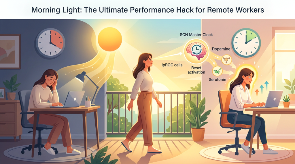 Illustration showing how morning sunlight boosts productivity for remote workers: on the left, a tired woman works at a laptop in a dim room; in the center, she walks into bright sunlight on a balcony; on the right, she appears energized and focused at her desk. Visual labels indicate light activating eye cells, resetting the brain’s circadian “master clock,” and increasing dopamine and serotonin.