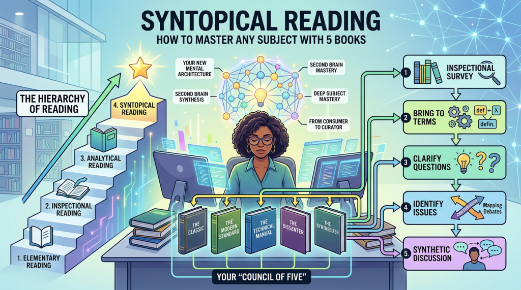 Infographic titled “Syntopical Reading: How to Master Any Subject with 5 Books.” It shows a hierarchy of reading levels on the left (elementary, inspectional, analytical, syntopical at the top). In the center, a person works at a desk with multiple books and screens, connected to a network-like “second brain” graphic symbolizing knowledge synthesis and deep subject mastery. Five books labeled “the classic,” “the modern standard,” “the technical manual,” “the dissenter,” and “the synthesizer” form a “council of five.” On the right, a five-step process is illustrated: inspectional survey, bring terms, clarify questions, identify issues, and synthetic discussion, emphasizing moving from consumer to curator of knowledge.
