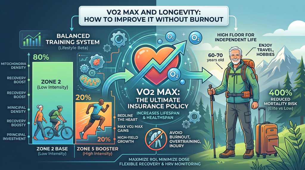 Infographic titled “VO2 Max and Longevity: How to Improve It Without Burnout.” It shows a balanced training approach with 80% low-intensity “Zone 2” exercise (walking/cycling) to build mitochondrial density and recovery, and 20% high-intensity “Zone 5” workouts (running) to boost VO2 max. A central heart icon with an upward arrow symbolizes improved fitness and lifespan. Text highlights benefits like increased healthspan, avoiding burnout and injury, and maximizing return with flexible recovery and HRV monitoring. On the right, an older hiker (age 60–70) represents maintaining independence, travel, and hobbies, with a note claiming greatly reduced mortality risk at higher fitness levels.
