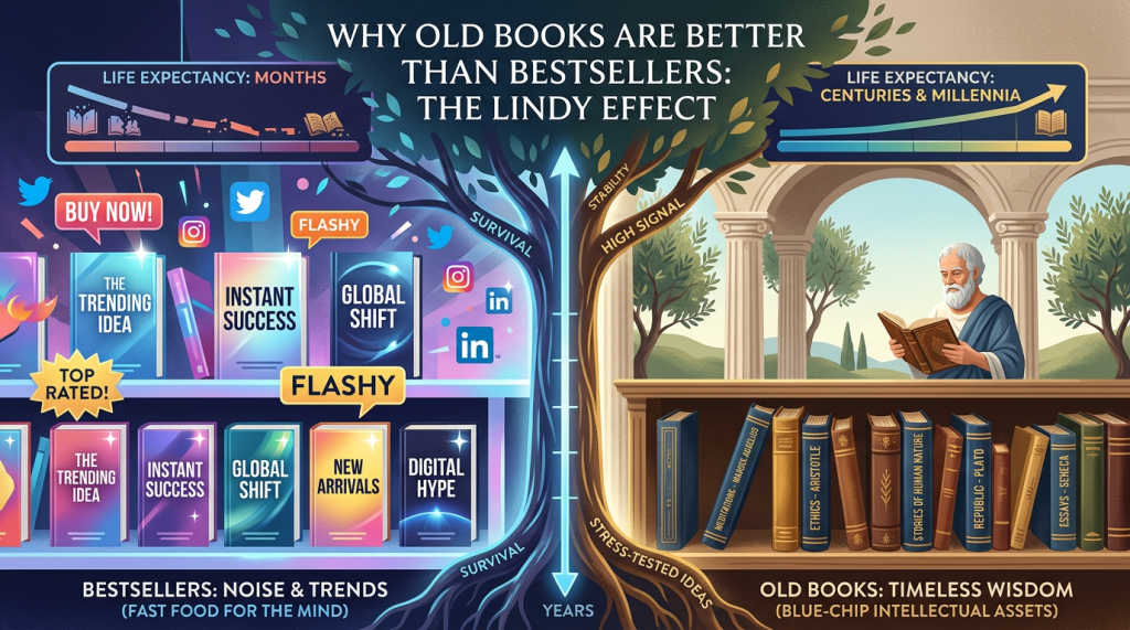 Infographic titled “Why Old Books Are Better Than Bestsellers: The Lindy Effect.” The left side shows colorful, trendy bestselling books promoted with social media icons and labels like “buy now,” “flashy,” and “instant success,” with a short lifespan measured in months. The right side shows a calm scene of an elderly scholar reading among classic works (e.g., Aristotle, Plato), representing long-lasting ideas with lifespans measured in centuries or millennia. A tree metaphor in the center contrasts “survival” and “stress-tested ideas” with “high signal” and “stability,” emphasizing that older works endure and gain value over time.