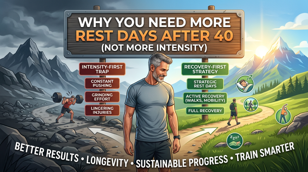 Illustrated fitness infographic titled “Why you need more rest days after 40 (not more intensity).” A gray-haired man stands at a forked path between two scenes: on the left, a rocky, stormy path labeled “Intensity-first trap” with a person lifting heavy weights and text reading “constant pushing,” “grinding effort,” and “lingering injuries.” On the right, a bright, green path labeled “Recovery-first strategy” showing a person walking and icons for sleep and stretching, with text “strategic rest days,” “active recovery (walks, mobility),” and “full recovery.” Bottom text reads: “Better results • Longevity • Sustainable progress • Train smarter.”
