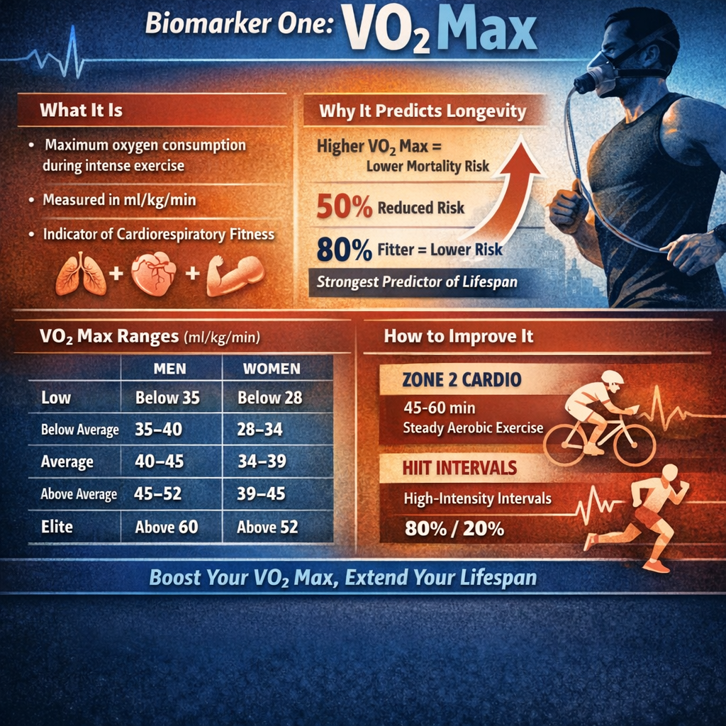 Infographic on VO2 Max, showing its role in predicting longevity. Includes VO2 Max ranges for men and women, improvement tips with Zone 2 cardio and HIIT intervals. Features a man with a breathing mask exercising, highlighting its connection to fitness and reduced mortality risk.