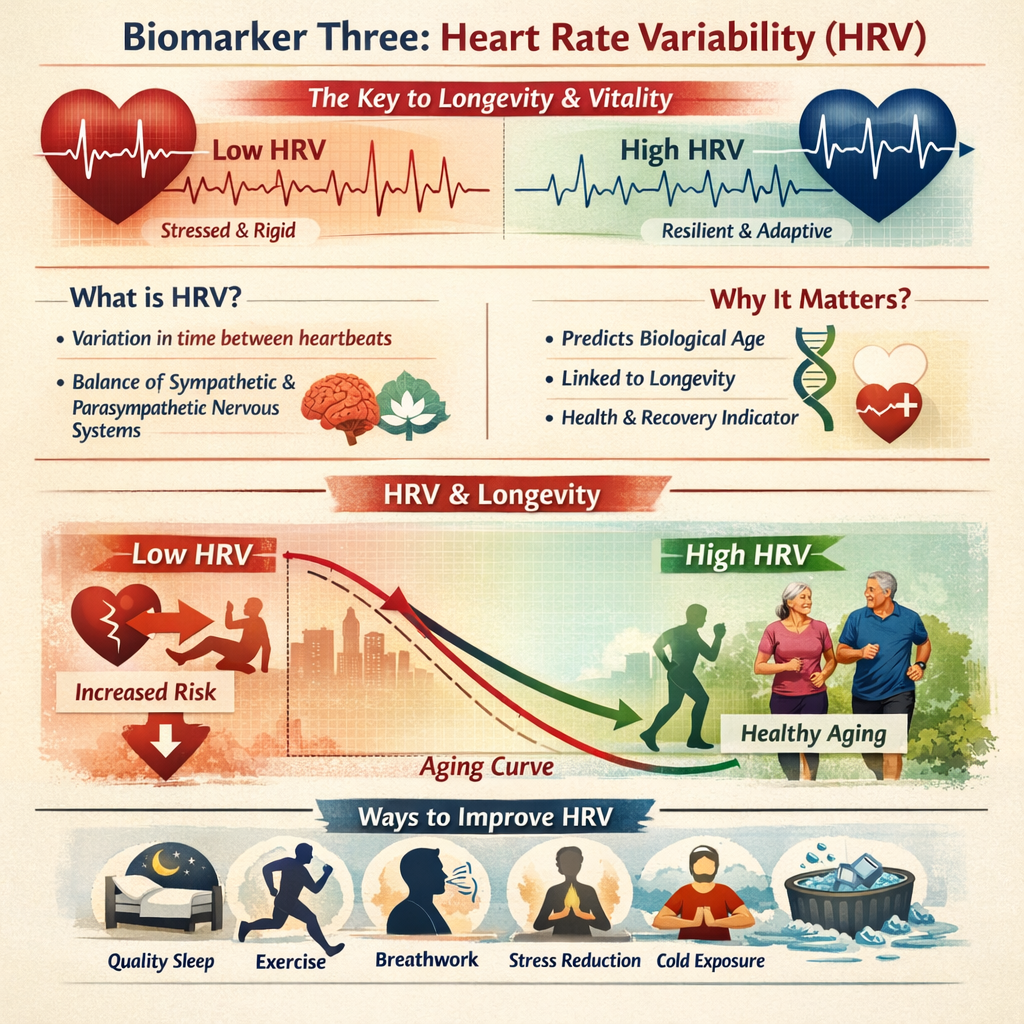 Infographic on Heart Rate Variability (HRV) contrasts low HRV, linked to stress, with high HRV, linked to resilience. Shows benefits like predicting biological age and promoting longevity. Illustrates HRV's role in aging and suggests improvements like sleep, exercise, breathwork, stress reduction, and cold exposure.