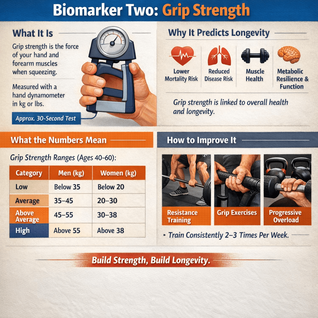 Infographic on grip strength as a health biomarker. Includes grip ranges for men and women, benefits like reduced disease risk, and improvement tips.