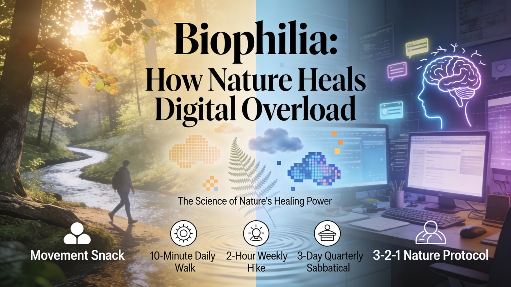 A split-image graphic titled “Biophilia: How Nature Heals Digital Overload.” The left side shows a sunlit forest with a person walking along a stream, symbolizing calm and nature. The right side shows a modern digital workspace with multiple computer screens and a glowing outline of a human head with a brain, representing technology and mental load. In the center are icons and text reading “The Science of Nature’s Healing Power.” Along the bottom are suggested practices: “Movement Snack,” “10-Minute Daily Walk,” “2-Hour Weekly Hike,” “3-Day Quarterly Sabbatical,” and “3-2-1 Nature Protocol".