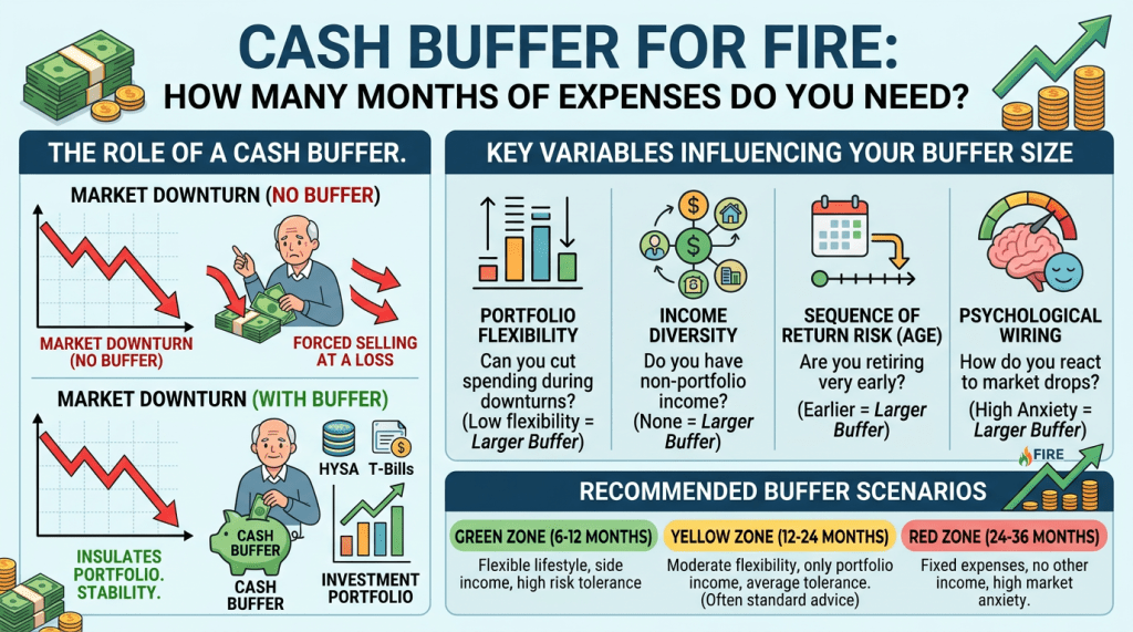 Infographic titled “Cash Buffer for FIRE: How Many Months of Expenses Do You Need?” explaining how emergency cash reserves support financial independence and early retirement planning.

The left panel, “The Role of a Cash Buffer,” compares two scenarios during a market downturn. In the “No Buffer” example, a falling stock chart and worried investor illustrate forced selling at a loss. In the “With Buffer” example, a smiling investor uses a cash buffer held in HYSA or T-bills to cover expenses while investments recover, helping insulate portfolio stability.

The right panel, “Key Variables Influencing Your Buffer Size,” highlights four factors: portfolio flexibility (ability to reduce spending during downturns), income diversity (having non-portfolio income sources), sequence of return risk tied to retiring early, and psychological wiring or emotional response to market drops. Notes explain that lower flexibility, less outside income, earlier retirement, and higher anxiety all suggest needing a larger cash buffer.

The bottom section, “Recommended Buffer Scenarios,” divides recommendations into three color-coded zones:

* Green Zone (6–12 months): flexible lifestyle, side income, high risk tolerance.
* Yellow Zone (12–24 months): moderate flexibility, portfolio-only income, average tolerance.
* Red Zone (24–36 months): fixed expenses, no other income, high market anxiety.

The graphic uses icons, charts, money illustrations, and green upward arrows to emphasize financial stability and preparedness.