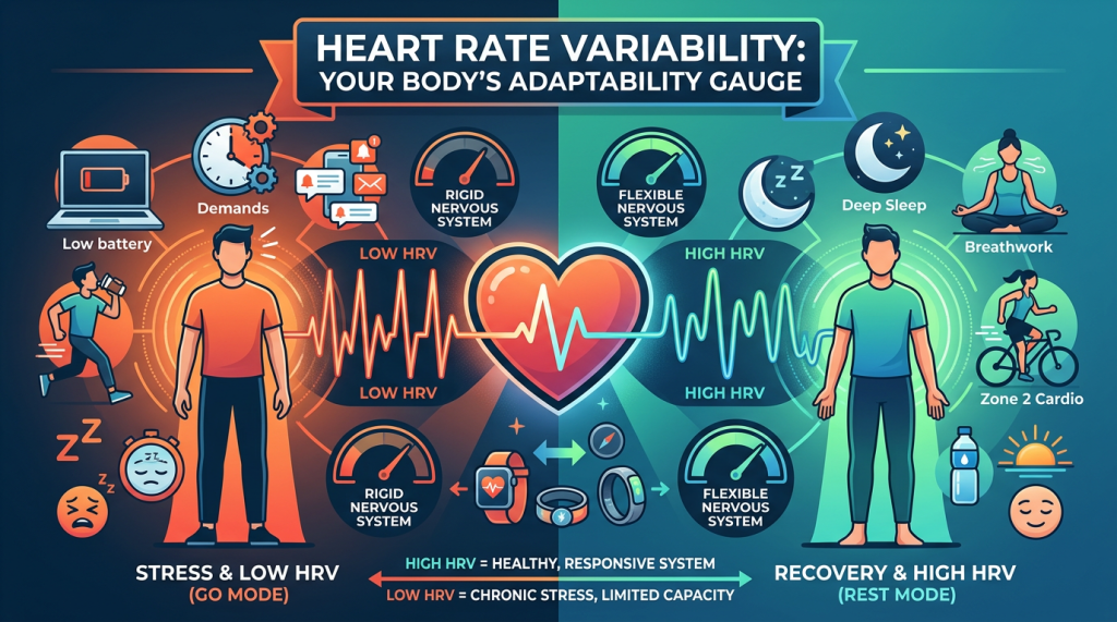 Infographic titled “Heart Rate Variability: Your Body’s Adaptability Gauge.” It contrasts two states of HRV. On the left, “Stress & Low HRV (Go Mode)” shows a red-orange background with a jagged heart rate line, a tired person surrounded by icons of low battery, clock, fatigue, and rigid nervous system. On the right, “Recovery & High HRV (Rest Mode)” shows a blue-green background with a smoother, more variable heart rate line, a relaxed person surrounded by icons of deep sleep, breathwork, Zone 2 cardio, hydration, and sunlight, with a flexible nervous system. At the bottom: “High HRV = Healthy, responsive system” and “Low HRV = Chronic stress, limited capacity".