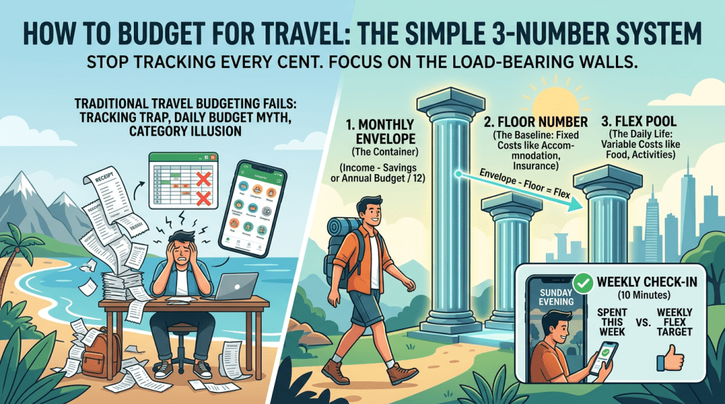 Infographic titled “How to Budget for Travel: The Simple 3-Number System” with the subtitle “Stop tracking every cent. Focus on the load-bearing walls.”

The left side explains why traditional travel budgeting fails, listing “tracking trap,” “daily budget myth,” and “category illusion.” It shows a stressed traveler sitting at a desk on a beach surrounded by piles of receipts, spreadsheets, and budgeting apps, overwhelmed by expense tracking.

The right side presents a simplified budgeting framework using three large classical pillars:

1. “Monthly Envelope (The Container)” defined as income minus savings, or annual budget divided by 12.
2. “Floor Number” representing fixed costs such as accommodation and insurance.
3. “Flex Pool” representing variable daily expenses like food and activities.

An arrow labeled “Envelope – Floor = Flex” connects the pillars, illustrating the formula for flexible spending. A backpacking traveler walks confidently through the scene, symbolizing a simpler approach to travel finances.

In the bottom-right corner, a smartphone graphic recommends a “Weekly Check-In (10 Minutes)” comparing “Spent This Week” versus “Weekly Flex Target.” The background includes beaches, mountains, sunshine, and a city skyline, giving the infographic a bright, travel-oriented feel.