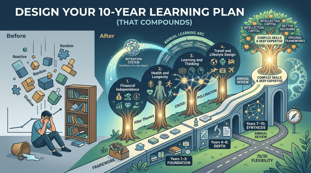 Illustrated infographic titled “Design Your 10-Year Learning Plan (That Compounds).” The left side, labeled “Before,” shows a stressed person sitting on the floor beside a messy bookshelf while random floating shapes and puzzle pieces represent shallow, reactive, unfocused learning. The right side, labeled “After,” transforms into a glowing pathway lined with four large tree-like pillars: “1. Financial Independence,” “2. Health and Longevity,” “3. Learning and Thinking,” and “4. Travel and Lifestyle Design.” A curved “Annual Learning Arc” and labels like “Retention System,” “Cross-Pollination,” and “Annual Review” connect the trees. The path progresses through “Years 1–3: Foundation,” “Years 4–6: Depth,” and “Years 7–10: Synthesis,” ending at a large illuminated tree labeled “Complex Skills & Deep Expertise,” with phrases such as “Intellectual Capital,” “Better Decisions,” and “Original Frameworks” in the canopy. The overall style is colorful, futuristic, and motivational, emphasizing structured long-term learning and compounding personal growth.