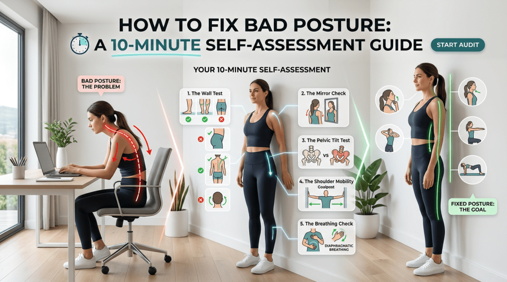 Image titled 'How to Fix Bad Posture: A 10-Minute Self-Assessment Guide' shows a woman with poor posture at a desk and with good posture standing. The guide includes five tests: Wall Test, Mirror Check, Pelvic Tilt Test, Shoulder Mobility, and Breathing Check. Illustrated steps and green lines highlight posture correction.