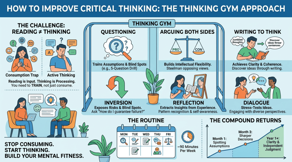 Infographic titled “How to Improve Critical Thinking: The Thinking Gym Approach.” It contrasts passive consumption (“reading ≠ thinking”) with active thinking. The center shows a “thinking gym” with five practices: questioning (challenge assumptions), arguing both sides (steelman opposing views), inversion (ask how to guarantee failure), reflection (learn from experience), and dialogue (stress-test ideas). A side panel highlights “writing to think” for clarity. A weekly routine (~90 minutes) is illustrated with icons for each practice. A line graph shows “compound returns”: Month 1 spotting assumptions, Month 3 sharper decisions, Year 1+ clarity and independent judgment. Bottom message: “Stop consuming. Start thinking. Build your mental fitness”.
