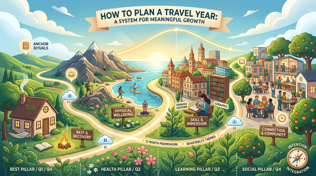 Colorful illustrated map titled "How to Plan a Travel Year: A System for Meaningful Growth." It features a winding path through various activities: rest by a cabin, physical wellbeing by the sea, learning in a city with Spanish lessons and ceramics, and social connection in a vibrant community. Icons indicate the four pillars: Rest, Health, Learning, and Social. Tone is inspirational and adventurous.