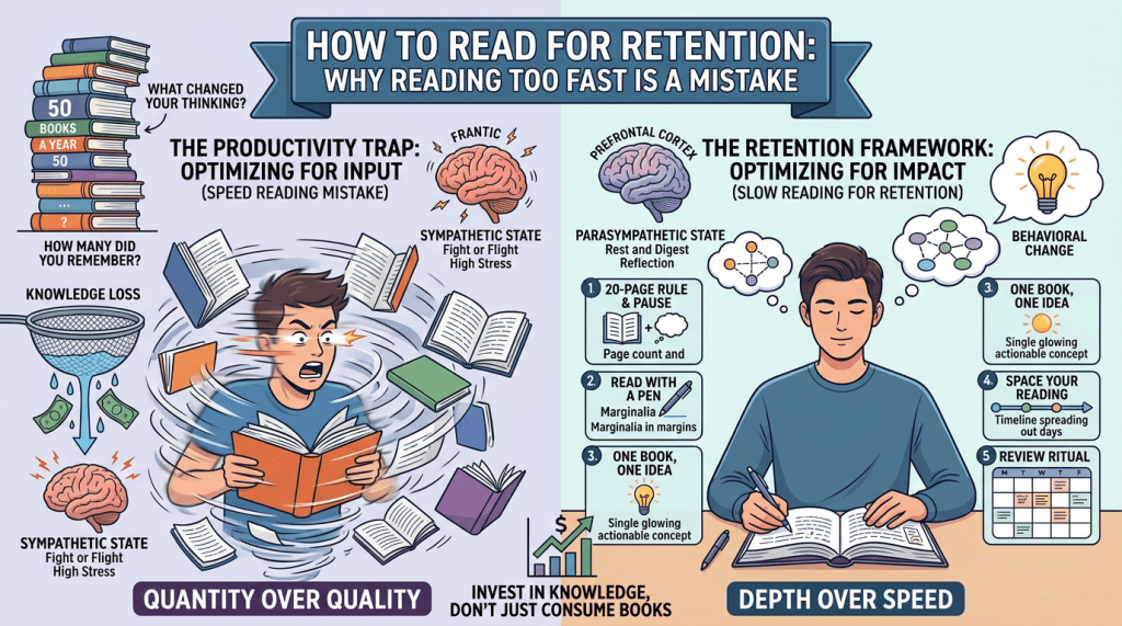 Infographic titled 'How to Read for Retention: Why Reading Too Fast is a Mistake.' On the left, a frantic reader surrounded by flying books illustrates 'The Productivity Trap: Optimizing for Input,' leading to stress and knowledge loss. On the right, a calm reader with a book represents 'The Retention Framework: Optimizing for Impact,' promoting slow reading and information retention. Key strategies include pausing, using a pen, and focusing on core ideas. Contrast between quantity and quality of reading is highlighted. Tone emphasizes mindful reading and comprehension.