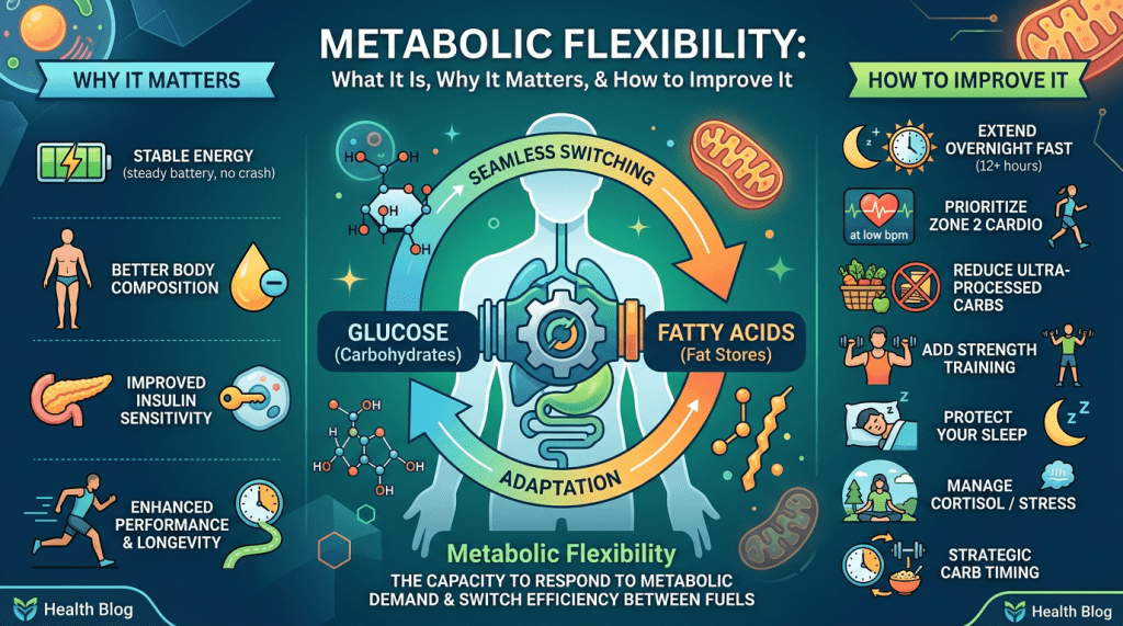 Infographic titled “Metabolic Flexibility: What It Is, Why It Matters, & How to Improve It.” A central human figure is shown with arrows switching between glucose and fatty acids, symbolizing the body’s ability to adapt fuel use. On the left, benefits are listed: stable energy, better body composition, improved insulin sensitivity, enhanced performance and longevity. On the right, strategies to improve metabolic flexibility are listed: extend overnight fast, zone 2 cardio, reduce ultra-processed carbs, strength training, protect sleep, manage stress, and strategic carb timing. Icons of molecules, mitochondria, and fitness activities accompany the text.