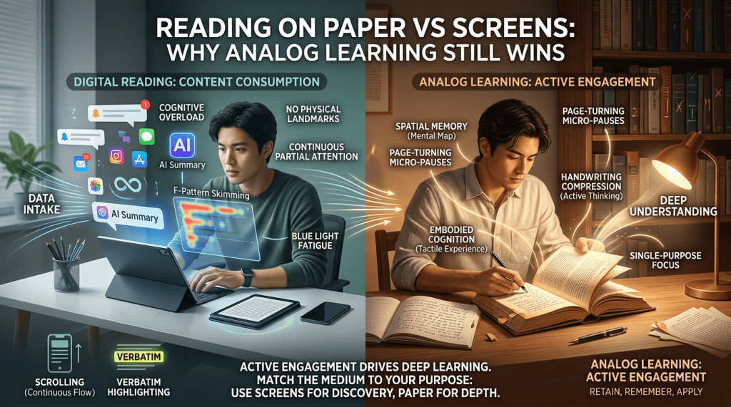Split-screen image comparing digital and analog reading. Left: Man using a laptop, surrounded by icons, illustrating content consumption. Right: Man reading a book, conveying active engagement and deep understanding.