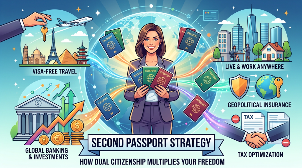 Illustration of a woman holding multiple passports, surrounded by icons symbolizing visa-free travel, global banking, work freedom, and tax optimization. Text reads "Second Passport Strategy: How Dual Citizenship Multiplies Your Freedom".