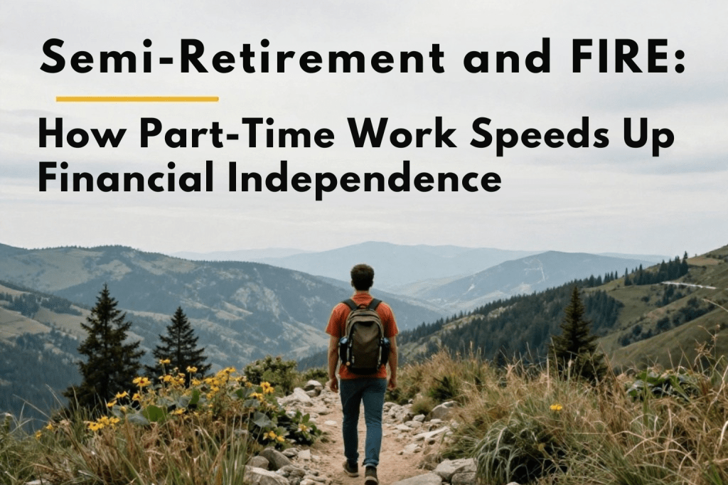 A person with a backpack walks on a mountain path surrounded by greenery, with distant hills under a cloudy sky. Text: "Semi-Retirement and FIRE: How Part-Time Work Speeds Up Financial Independence".