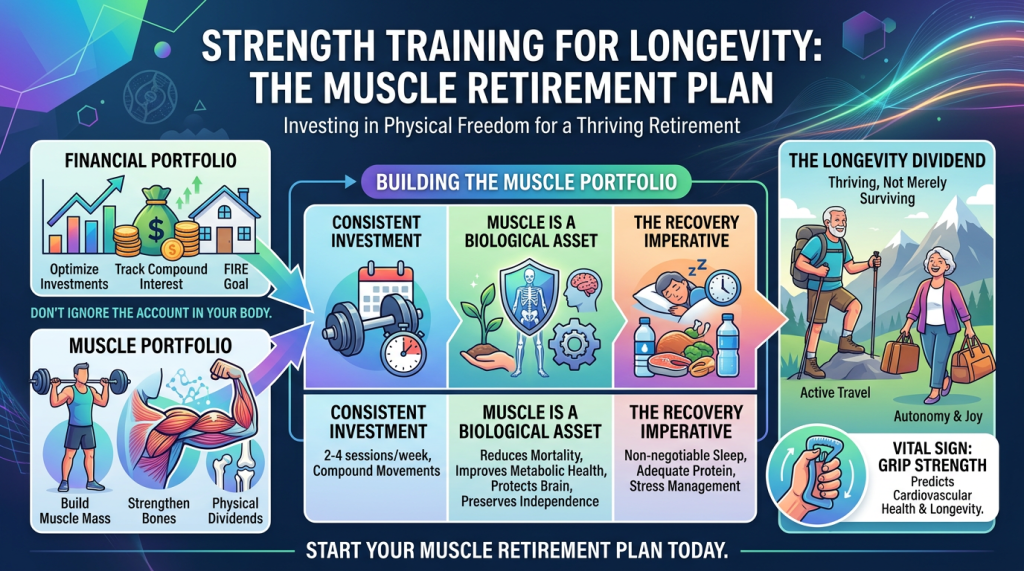 Infographic titled "Strength Training for Longevity: The Muscle Retirement Plan." It compares financial and muscle portfolios, highlighting consistent investment and strength building as key components. Illustrations show weights, muscles, and a graph. Emphasizes muscle as a biological asset and the importance of recovery, such as sleep and stress management. Bottom right depicts active elderly individuals, symbolizing thriving retirement through strength training. Keywords include investment, physical freedom, and longevity.