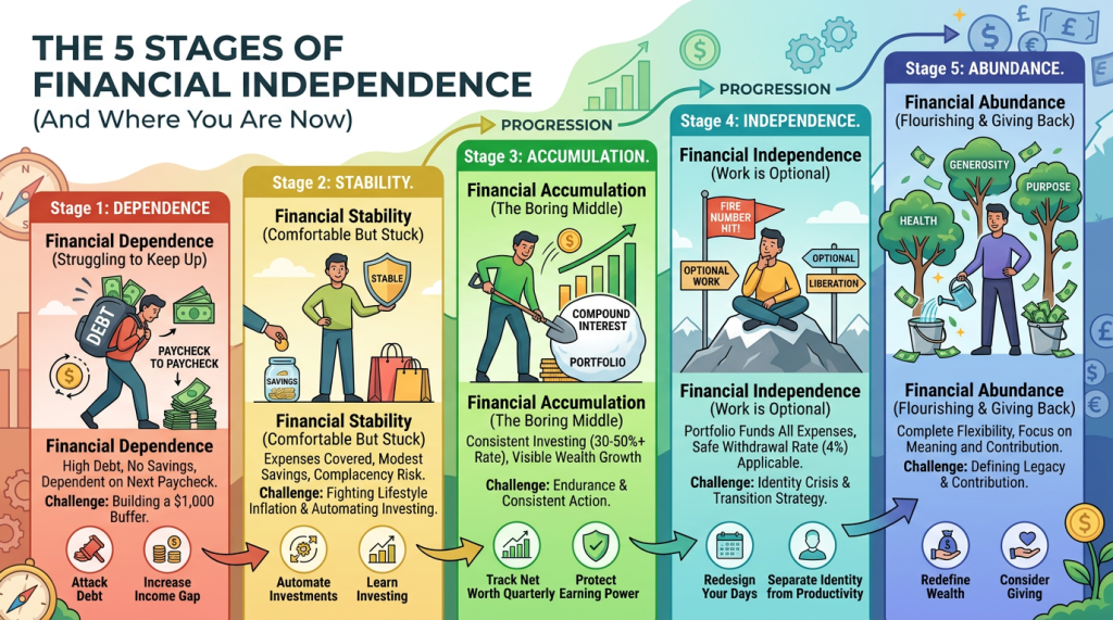 Infographic illustrating the 5 stages of financial independence: Dependence, Stability, Accumulation, Independence, and Abundance. Each stage is color-coded, showing progression steps, challenges, and key milestones. Emphasizes managing debt, automating investments, consistent investing, redefining wealth, and giving back.
