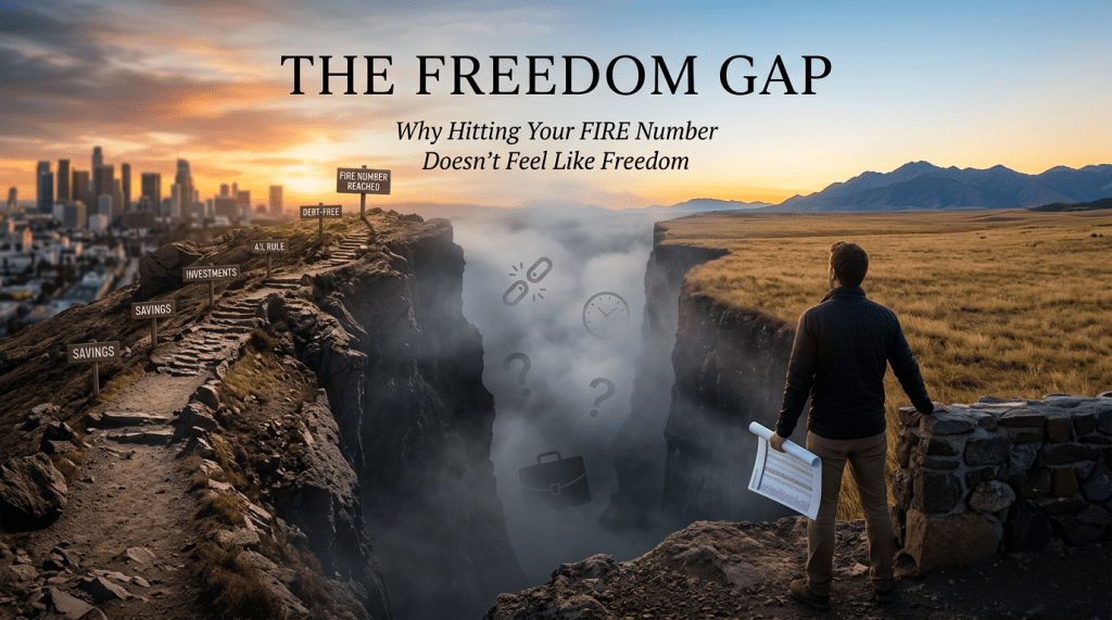 A man stands at a cliff edge holding papers, staring across a vast gap labeled "The Freedom Gap." City skyline on one side, open fields on the other.