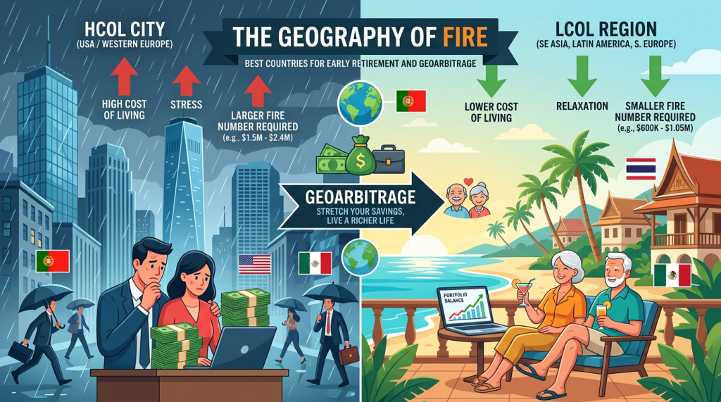 Infographic titled “The Geography of FIRE: Best Countries for Early Retirement and Geoarbitrage.” The left side (HCOL city—USA/Western Europe) shows a rainy urban scene with stressed workers, stacks of cash, and labels for high cost of living, stress, and a larger FIRE number required (~$1.5M–$2.4M). The right side (LCOL region—Southeast Asia, Latin America, Southern Europe) shows a sunny beach with relaxed retirees, palm trees, and drinks, labeled lower cost of living, relaxation, and a smaller FIRE number (~$600K–$1.05M). A central arrow labeled “Geoarbitrage—stretch your savings, live a richer life” connects the two. Icons of flags (e.g., U.S., Portugal, Mexico, Thailand) and a laptop with a rising portfolio chart reinforce the concept of moving to lower-cost regions to retire earlier.