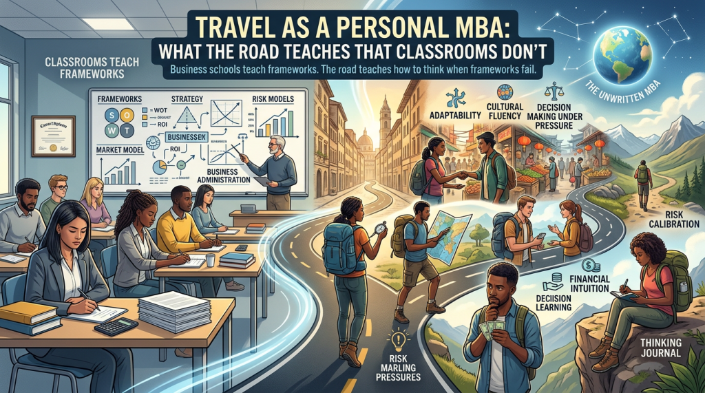 Infographic titled “Travel as a Personal MBA: What the Road Teaches That Classrooms Don’t.” Left side shows a classroom where students learn business frameworks (SWOT, strategy charts, risk models, ROI) from a professor. A road curves from the classroom into a global travel scene on the right. Along the road, backpackers navigate cities, markets, and mountains, illustrating skills gained through travel: adaptability, cultural fluency, decision-making under pressure, risk calibration, financial intuition, and decision learning. Scenes include negotiating in a market, reading maps, journaling on a cliff, and evaluating money. A globe labeled “The Unwritten MBA” emphasizes experiential learning versus formal education.
