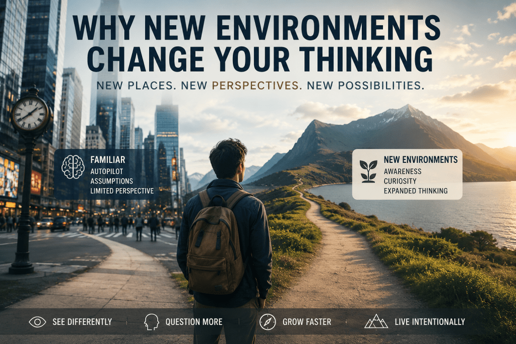 A traveler stands at the crossroads between a crowded modern city and a peaceful mountain landscape, symbolizing how new environments expand perspective, increase awareness, and change the way we think.