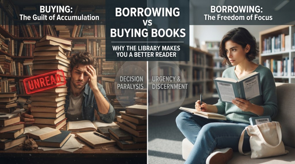 Split image highlighting "Buying" and "Borrowing" books. Left shows overwhelmed man amid unread books; right shows focused woman with a borrowed book.
