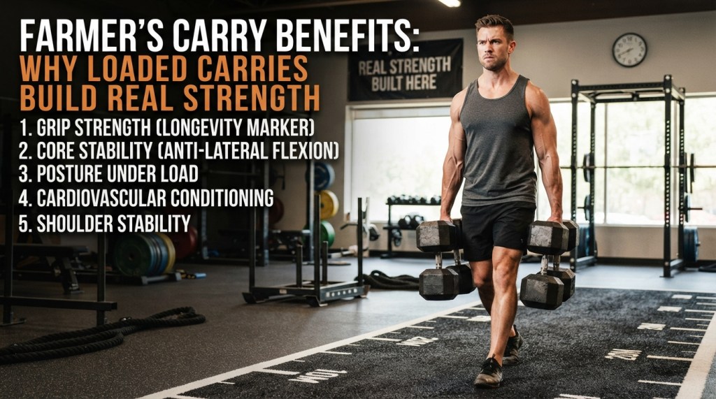 Man carrying heavy dumbbells in a gym, illustrating benefits of farmer's carry for grip strength, core stability, posture, conditioning, and shoulder stability.