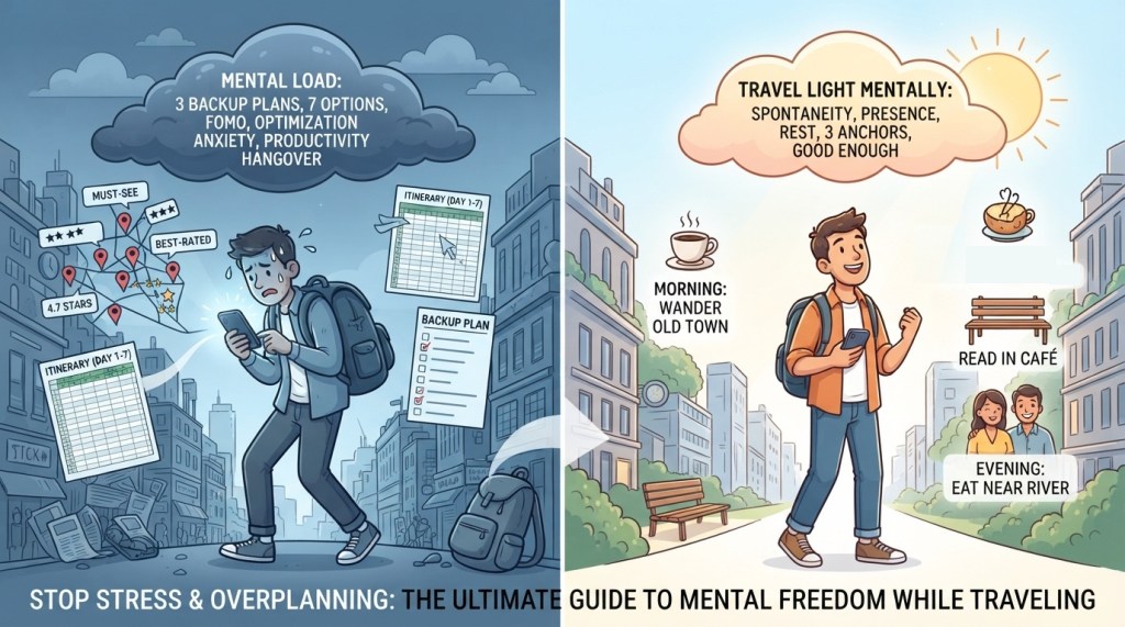 Left panel: A stressed traveler with plans and itineraries, feeling overloaded.
Right panel: A relaxed traveler enjoying spontaneity and presence.