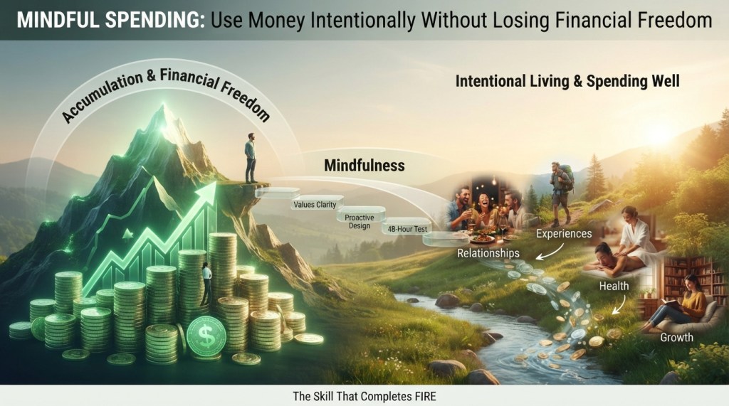 A conceptual illustration shows a path from a mountain of coins, symbolizing financial accumulation, to a serene stream, representing mindful spending. Keywords like "Mindfulness" and "Intentional Living" connect different life aspects, such as relationships and health. The tone conveys balanced financial freedom and well-being.