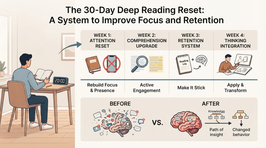 Infographic titled "The 30-Day Deep Reading Reset: A System to Improve Focus and Retention." It outlines 4 weeks: Attention Reset, Comprehension Upgrade, Retention System, and Thinking Integration. Illustrations show study activities, books, and brain comparisons labeled "Before" and "After,” depicting changes in knowledge and behavior.