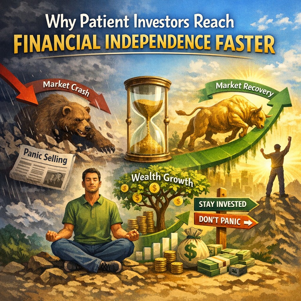 Graph illustrating the benefits of patient investing, showing faster financial independence over time compared to impulsive strategies.