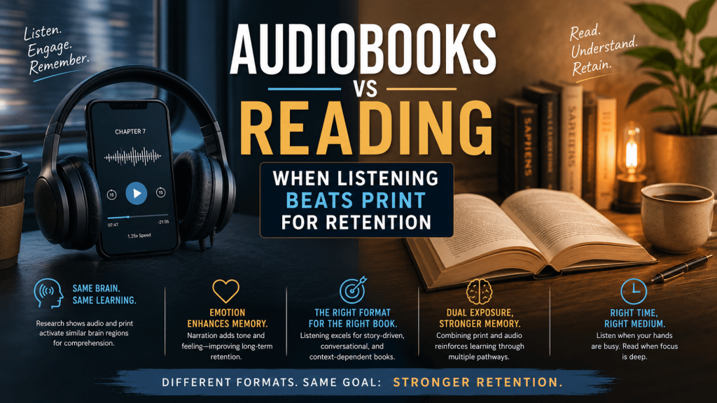 Split-screen hero image comparing audiobooks and print reading, with headphones and a smartphone on the left and an open book on the right. Text highlights how listening can improve retention through emotional narration, dual exposure, and avoiding skimming, while print remains useful for dense or visual material.