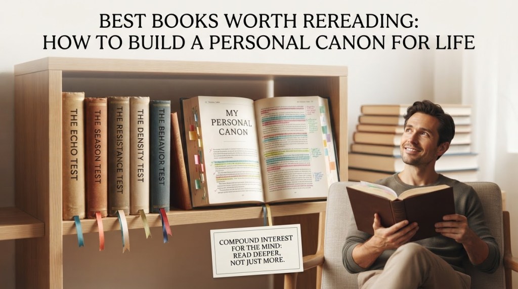 A man sits with an open book, smiling, near a shelf labeled with book spines titled as tests; a large book titled “My Personal Canon” is open on the shelf.