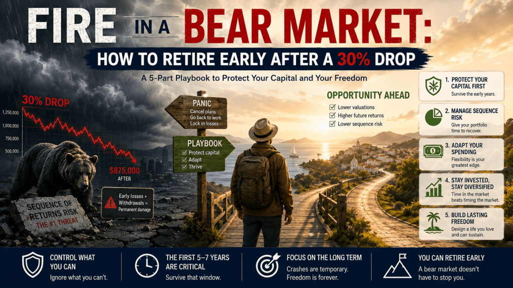 Hero infographic for “FIRE in a Bear Market: How to Retire Early After a 30% Drop,” contrasting a 30% market crash and sequence-of-returns risk with a path toward financial independence, supported by a five-part playbook: protect capital, manage sequence risk, adapt spending, stay invested and diversified, and build lasting freedom.