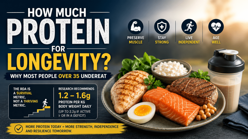 Infographic about protein for longevity, showing protein-rich foods and highlighting the recommendation of 1.2–1.6 grams of protein per kilogram of body weight daily to preserve muscle, strength, independence, and healthy aging in adults over 35.