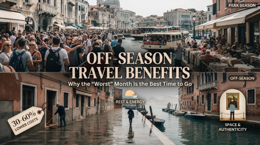 Split-screen image shows crowded Venice canal during peak season and a quieter scene in off-season, highlighting travel benefits like lower costs, more energy, and greater authenticity.