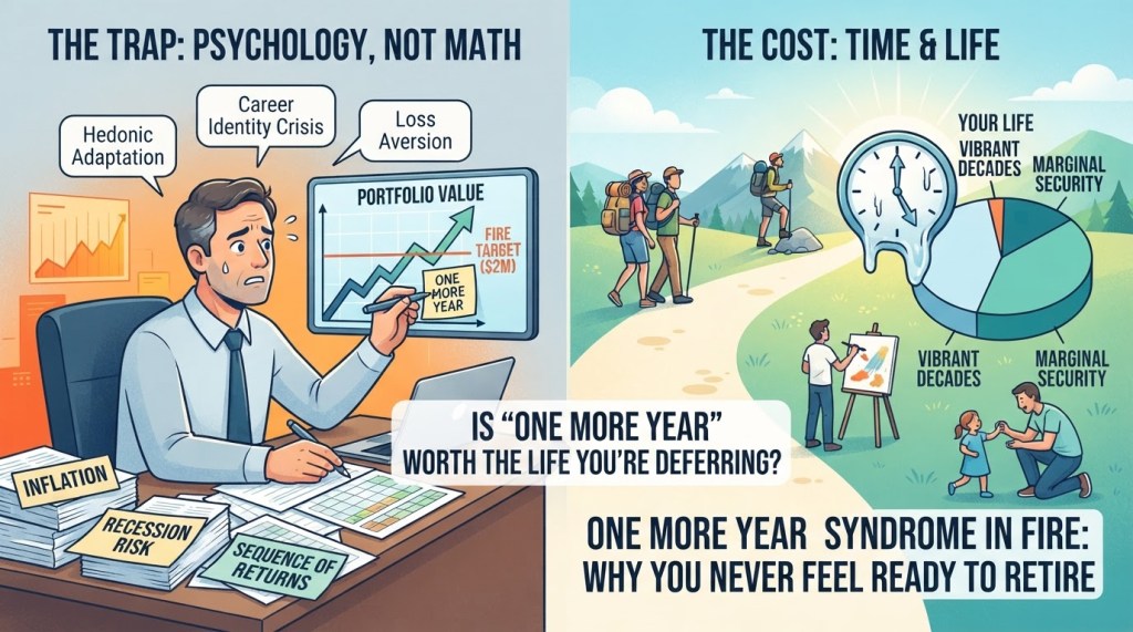 Split image: Left shows a worried man at a cluttered desk labeled with financial concerns; right shows people hiking and relaxing, highlighting trade-offs between working longer and enjoying life.