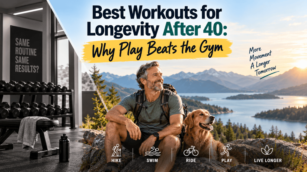 A middle-aged man hiking with a dog in a scenic mountain landscape, contrasted with a gym, illustrating why playful outdoor movement may support longevity after 40.