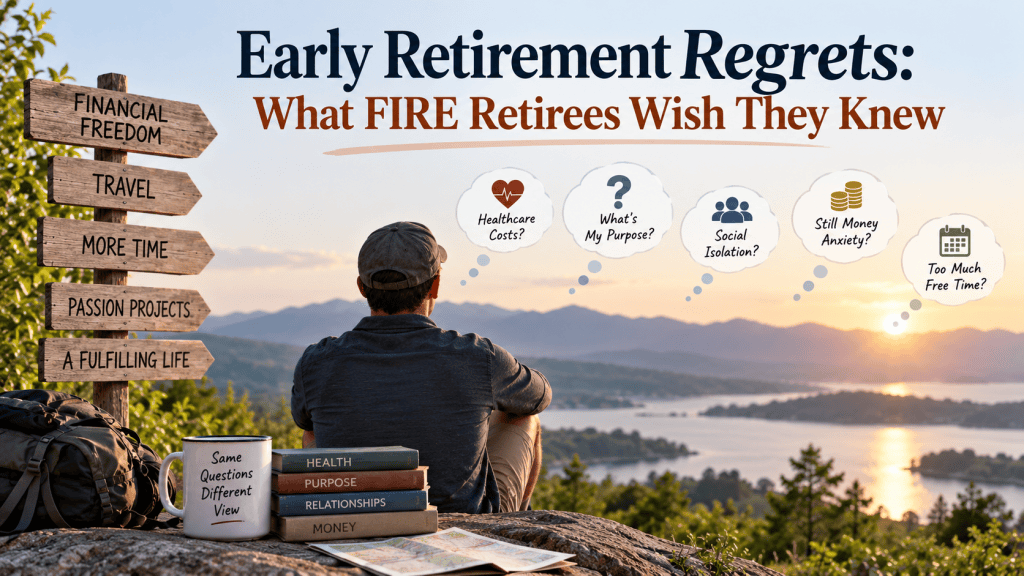 Early retirement-themed scene showing a person overlooking a lake and mountains, with signs for financial freedom, travel, more time, passion projects, and a fulfilling life, alongside thought bubbles about healthcare costs, purpose, social isolation, money anxiety, and too much free time.