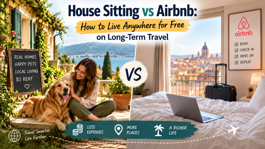 House sitting vs Airbnb for free long-term travel, with a traveler and dog beside a home.