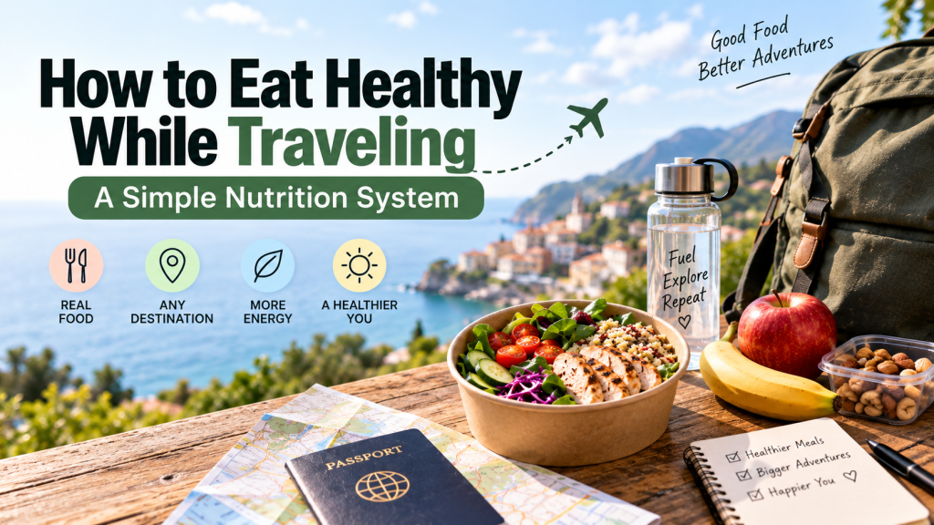 Healthy travel meal with water, fruit, nuts, backpack, map, and passport by the sea.