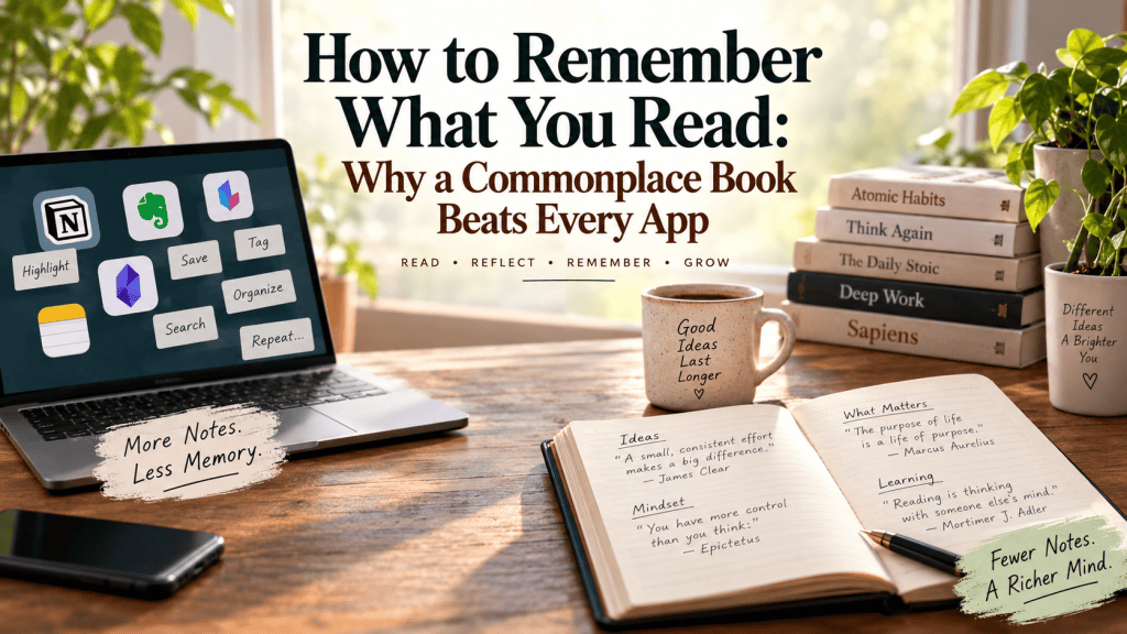 Commonplace book and reading notes beside digital note-taking apps, showing analog reading retention.