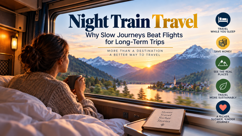 Sleeper train traveler overlooking a scenic mountain landscape at sunrise.
