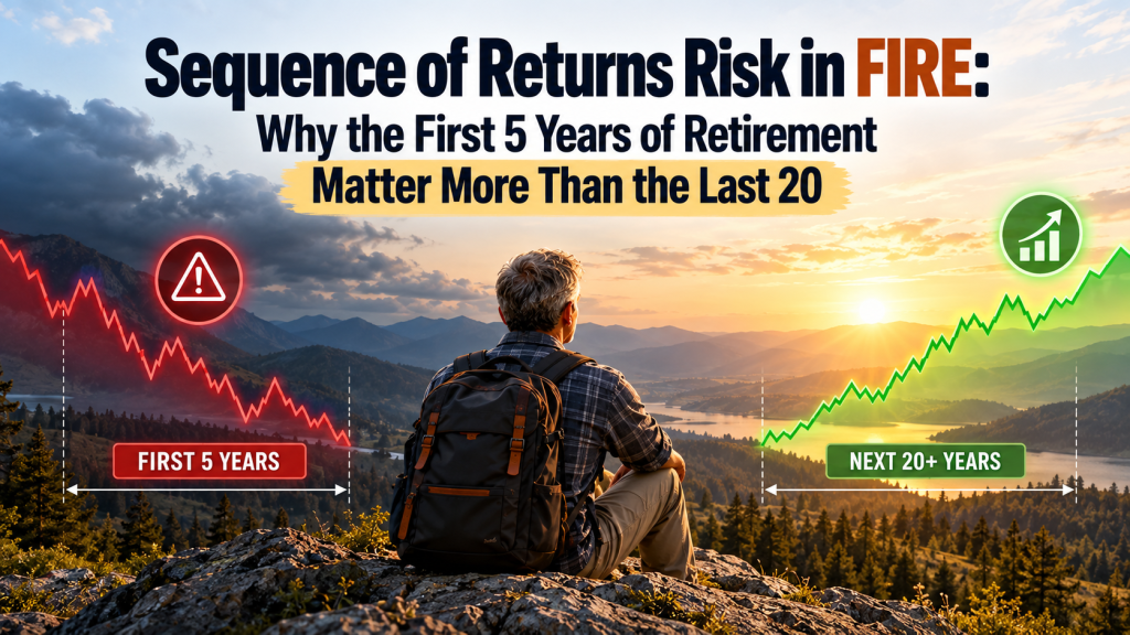 Retiree facing contrasting market paths, showing early losses and long-term growth in FIRE.
